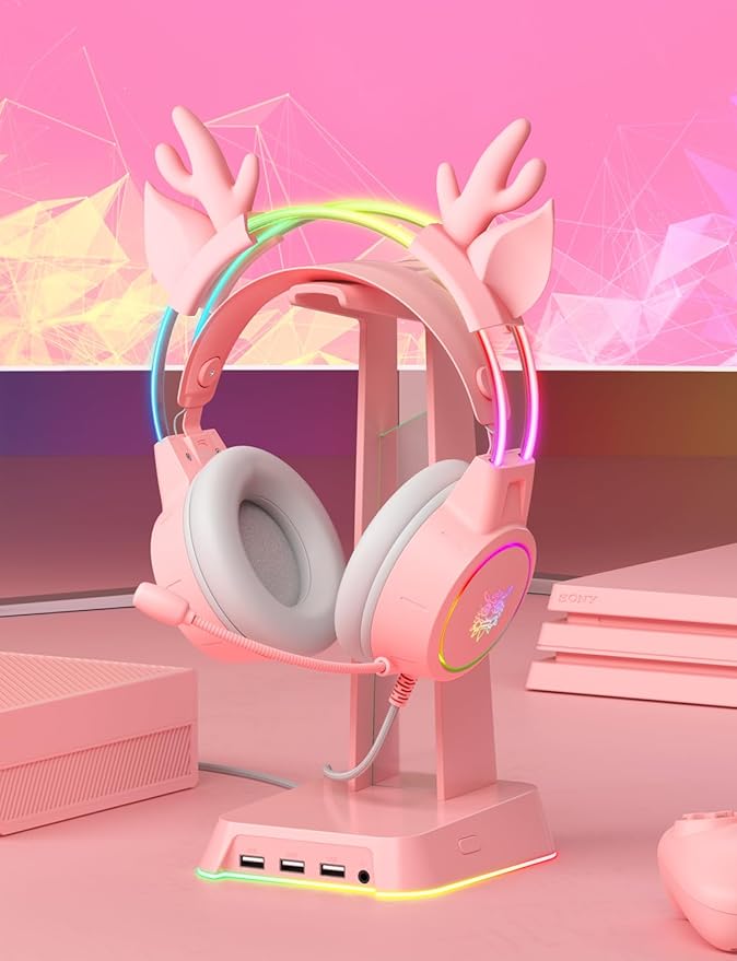 Pink Deer Antler Ears for Headphones, Silicone Cute Ears Attachment, Lovely Detachable Accessories Fit for Gaming Headset, Lightweight & Durable