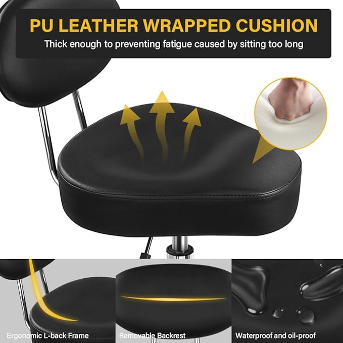 WKWKER Saddle Stool with Back Adjustable Drafting Chair Swivel Rolling Stool with Backrest PU Leather Saddle Chair for Office Lab Drafting Counter Salon Barber Shop Kitchen Front Desk (Black)