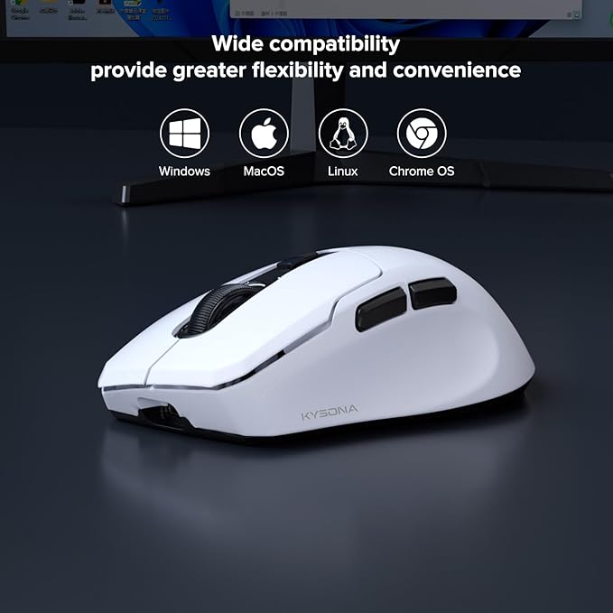 KYSONA Wireless Gaming Mouse, 26000 DPI, 8K Polling Rate, Tri-Mode 2.4GHz/USB-C/Bluetooth Ergonomic Mouse with Web-Driven, Ice-Cooling Coating, Rechargeable Gaming Mice for Laptop/PC/Mac/Xbox, White