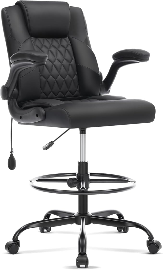 Leather Drafting Chair, Tall Office Chair for Standing Desk, High Executive Office Chair with Inflatable Lumbar Support,Adjustable Height,Flip-up Armres and Foot Ring Studio Chair Black