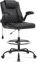 Leather Drafting Chair, Tall Office Chair for Standing Desk, High Executive Office Chair with Inflatable Lumbar Support,Adjustable Height,Flip-up Armres and Foot Ring Studio Chair Black