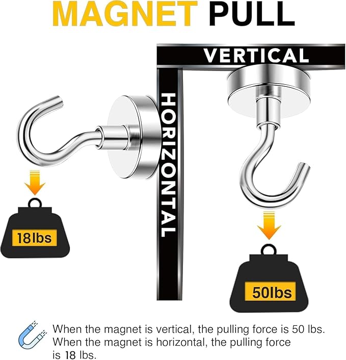 DIYMAG Magnetic Hooks,Silver 50 LB Heavy Duty Magnet with Hook,12 Packs Silver Strong Rare Earth Neodymium Magnets for Hanging, Magnetics Hanger for Curtain, Home, Kitchen, Workplace