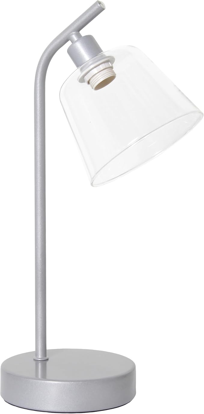 Simple Designs LD1080-SLV 16" Sleek Essentials Modern Industrial Metal Desk Lamp with Clear Glass Shade, for Office, Desk, Nightstand, Dorm, Silver