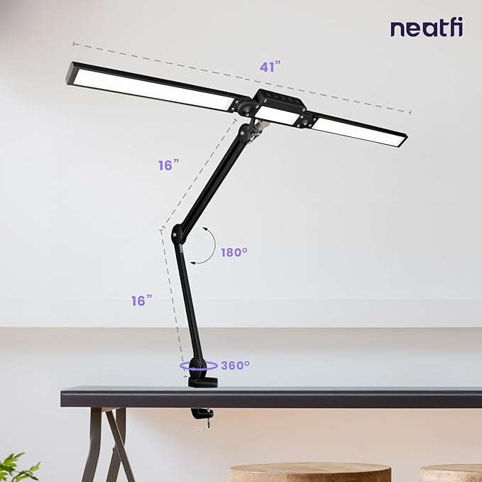 Neatfi LED Desk Lamp | 3,000 Lumens | Dimmable 30W Desk Light | 360 SMD LEDs | CRI 95 | Adjustable Color Temperature | Task Lamp for Home, Office, or Workbench (Black, 41-Inch, CCT with Clamp)