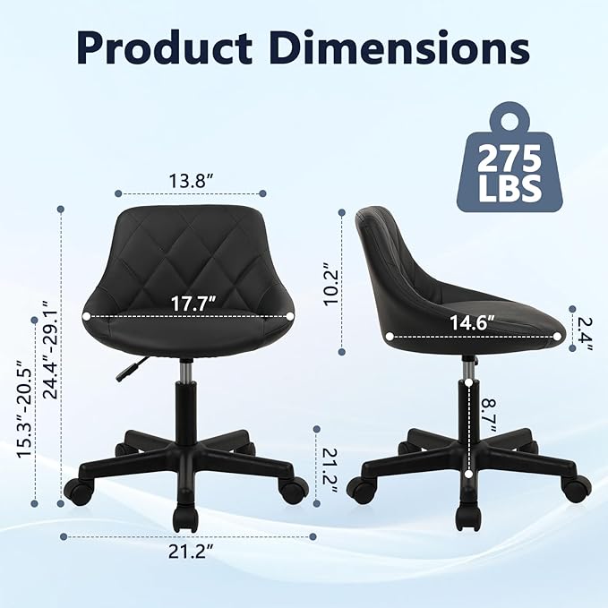 Low Back Small Rolling Stool with Backrest - 360° Swivel Chairs with Wheels, Adjustable Height Armless Vanity Chair, Thickened Seat Cushion Stool Chairs for Spa, Shop, Salon, Massage, Black, 1 Pack