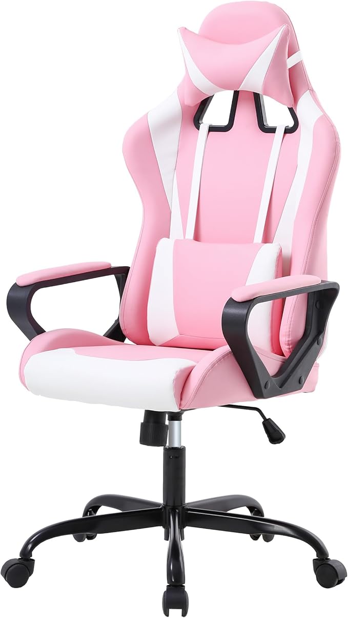 PayLessHere Ergonomic Racing Desk Chair Gaming Chair Computer Chair with Armrests 360° Swivel & Caster Pu Desk Task Chair Executive Headrest Lumbar Support for Back Pain Women Men and Adults,Pink