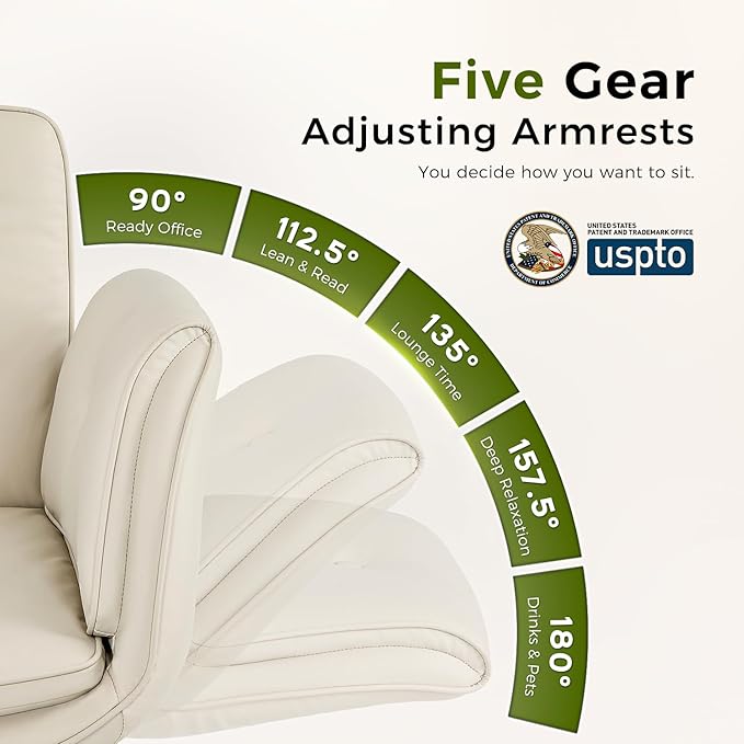 amseatec Criss Cross Chair with Armrests & Wheels, PU Leather ADHD Home Office Desk Chair, Comfortable Lounge Chair for Home, Make Up, Bed Room, 5-Gear Adjustable Arm,Wide Seat,Swivel(Cream/Beige)