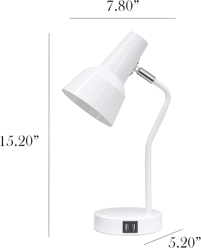 Simple Designs LD1072-WHT 15.2" Sleek Essentials Metal Cone Shade Desk Lamp with Adjustable Shade and Dual USB Ports, for Office, Desk, Nightstand, Dorm, White