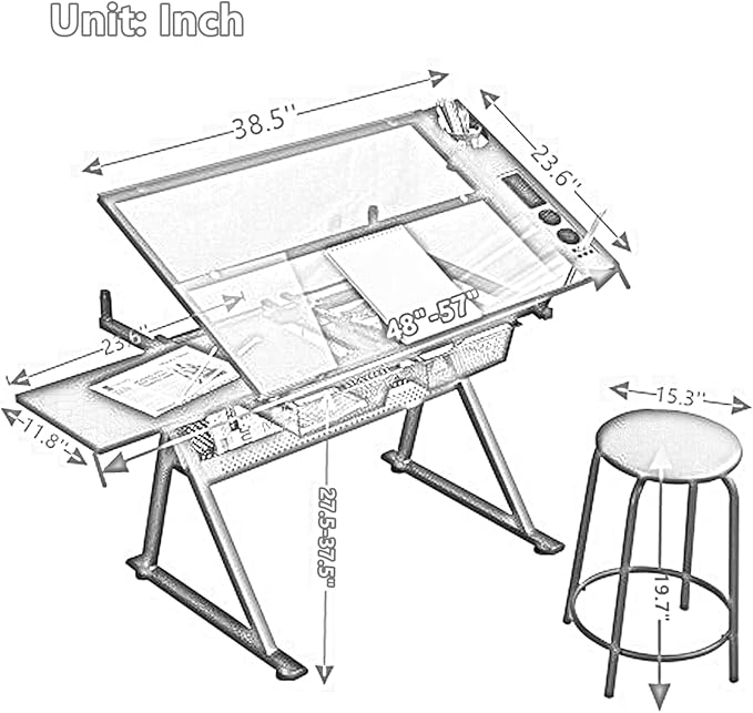 Drafting Table, 0-75° Tilting Glass Tabletop Drawing Table with Stool - Adjustable Height Art Desk with Multi-Storage for Sketching and Painting - Perfect for Artists and Hobbyists, White
