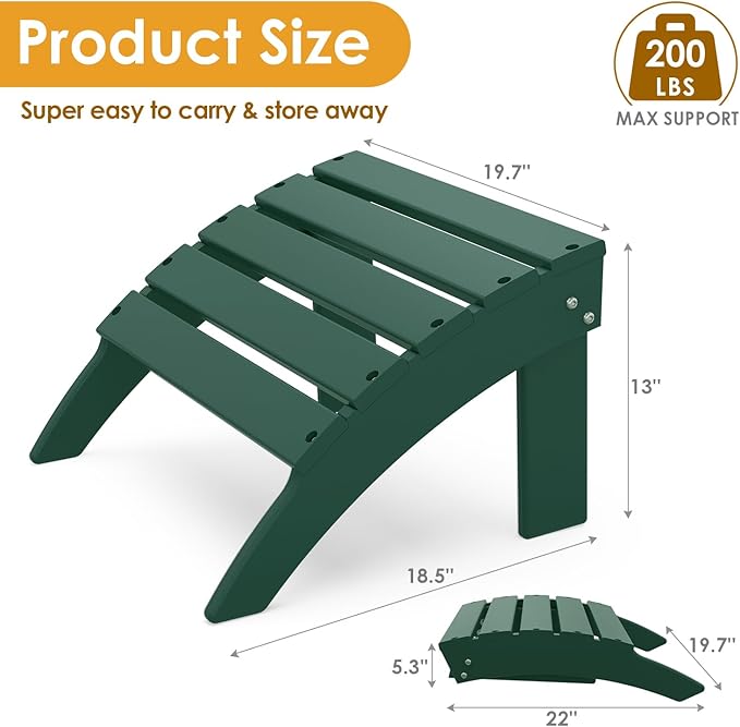 IVY&LANE Outdoor Adirondack Ottoman | Folding | HDPE | Forest Green | All Weather | Waterproof Patio Footrest for Adirondack Chair | Poly Lumber Foot Rest for Deck Backyard