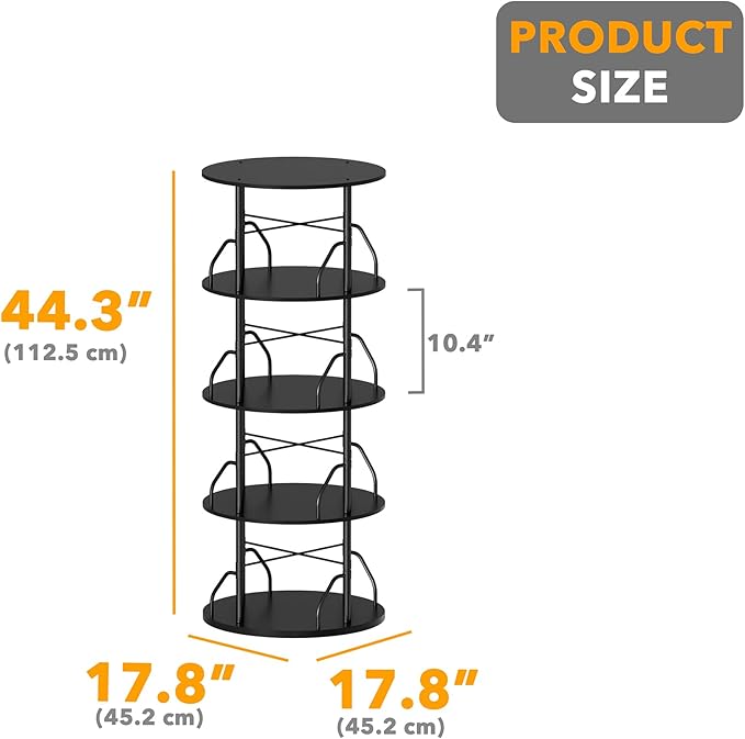SpaceAid 4 Tier Rotating Bookshelf Tower, 360 Display Stackable Spinning Bookcase, Space Saving Revolving Round Book Shelf, Floor Standing Swivel Corner Organizer, Black