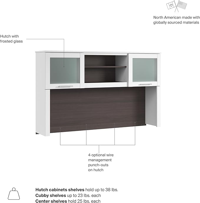 Bush Home 60-Inch Desk Hutch, Office Storage Organizer with Shelves, Cubbies and Frosted Glass Doors for Computer Desk, Home Office Furniture, Somerset Collection, Storm Gray and White