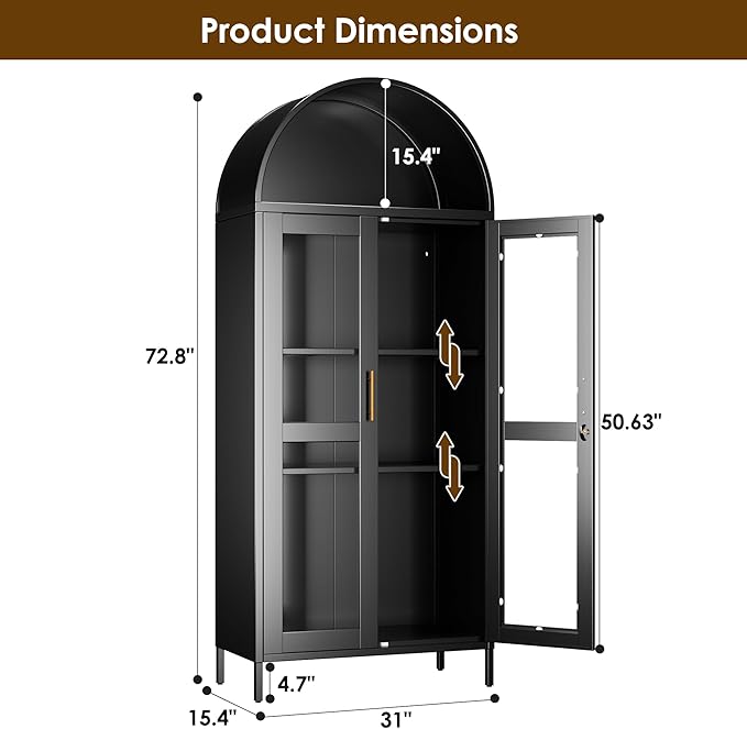 VEXPOR 73" Tall Arched Display Cabinet with Glass Doors, Metal Arched Curio Cabinet with Lock for Living Room, Home Office, Assembly Required