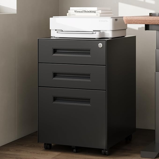 Dripex 3 Drawer Black File Cabinet, Mobile Under Desk Storage File Cabinet with Lock on Wheels, Fully Assembled, Letter/Legal Size, Small Short Vertical Metal Rolling Filing Cabinets for Home Office