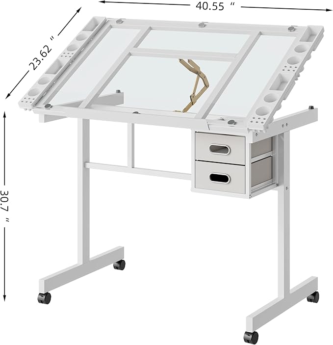 Rolling Drafting Table on Wheels, Painting Table Art Craft Desk Crafting Table with Tilting Transparent Tempered Glass Top, 2 Fabric Storage Drawers and 4 Wheels (White)