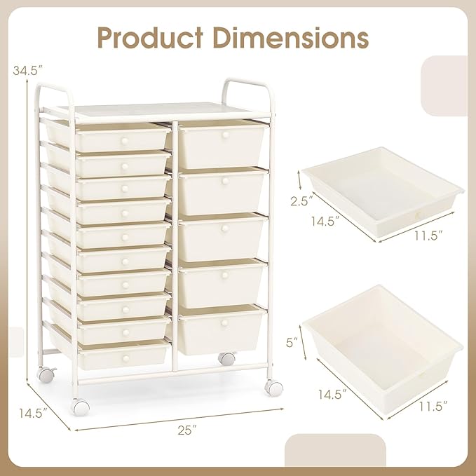 Moccha 15-Drawer Rolling Storage Cart - Under Desk Storage Drawers with wheels for Craft Art Supply Paper Salon, Scrapbook Paper Tools, Mobile Utility Cart for Classroom (15 Drawers, White)