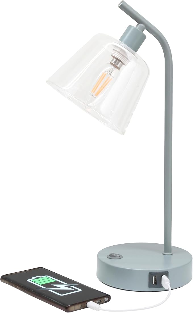 Simple Designs LD1074-GRY 15.75" Sleek Essentials Modern Industrial Metal Desk Lamp with Clear Glass Shade and Dual USB Ports, for Office, Desk, Nightstand, Dorm, Gray