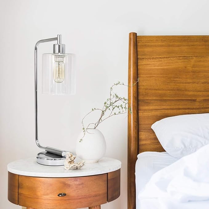 Simple Designs LD1036-CHR Bronson Antique Style Industrial Iron Lantern Desk Bedside Glass Shade Table Lamp, Chrome