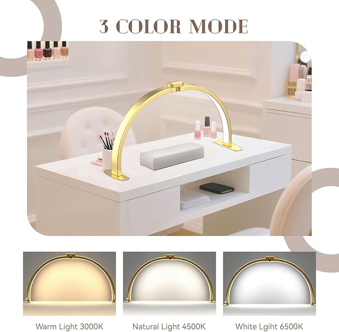 Kadden Foldable Large Half Moon LED Light for Table Nail Desk with Phone Stand, Upgrade Arch Light for Nail Techs with Wire Controller for Manicure Tattoo Beauty (Gold, Large)