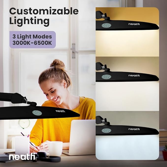 Neatfi XL LED Desk Lamp | 20-Inch Wide Head (Black-2, CCT with Clamp)