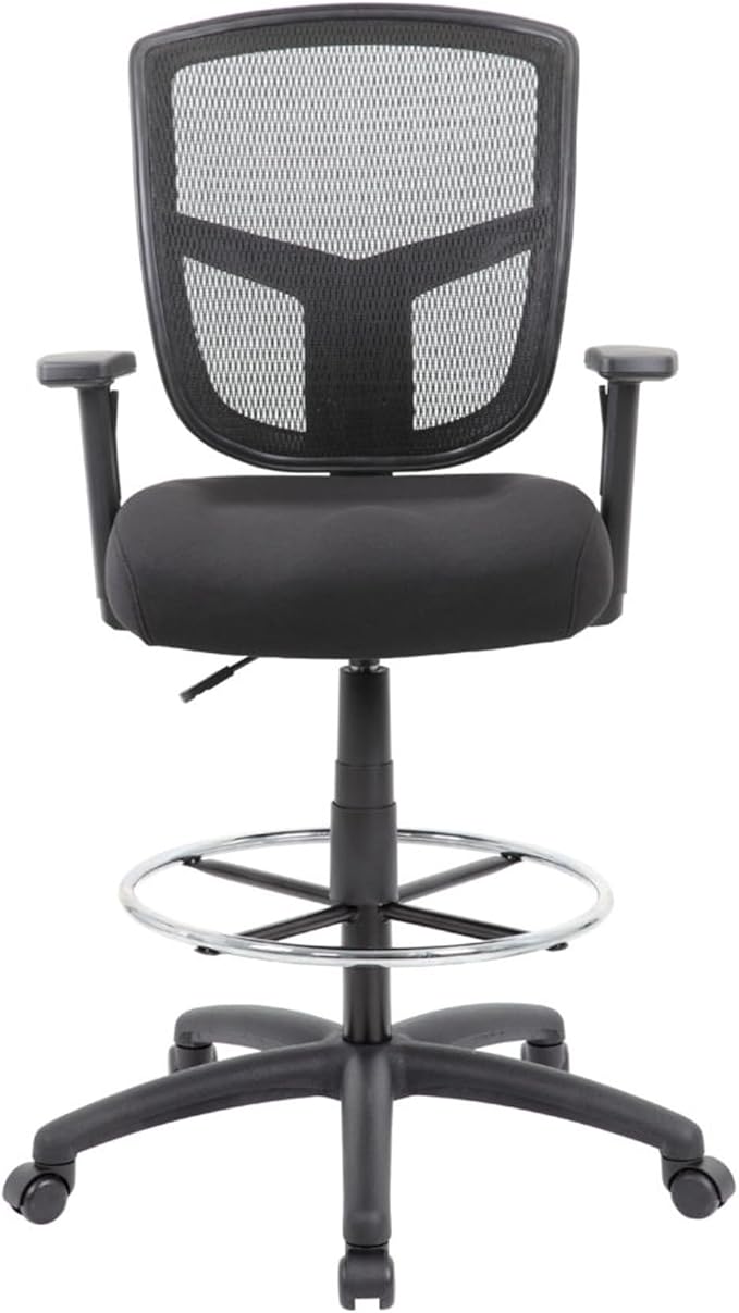 Benzara MEA Drafting Stool Chair, Adjustable Arms, Black Mesh, Chrome Footring