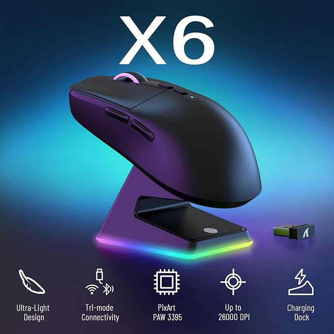 MAMBASNAKE Attack Shark X6 Wireless Gaming Mouse,RGB Magnetic Charging Dock,49g Ultralight X3 Upgrade,Tri-Mode 2.4GHz/BT5.2/USB-C,PAW3395 Sensor 26KDPI,G502 Programmable Mice for Win/Mac - Black