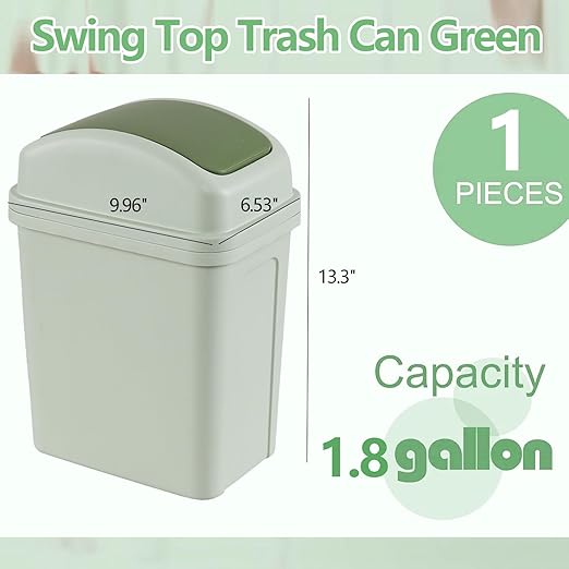 1.8 Gallon Green Plastic Garbage Can, Swing Lid Waste Can for Bedroom, Office, Kitchen