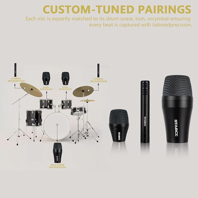 7 Piece Drum Mic Kit with Carrying Case, Full Metal Wired Dynamic Drum Mics Set for Kick Bass, Tom, Snare, Hi-hat Cymbals and Musical Instrument Drum Microphone with Holders, Threaded Clips