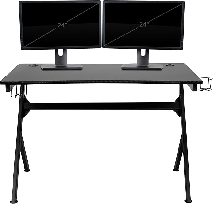 Flash Furniture Optis Black Gaming Desk and Blue and Black Racing Chair Set with Cup Holder, Headphone Hook & 2 Wire Management Holes