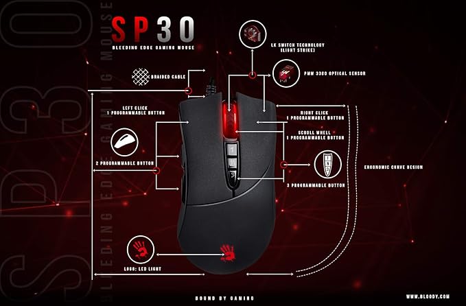 Bloody SP30 Ergonomic Optical Switch Gaming Mouse - Fastest Mouse Switch in Gaming - Enthusiast Grade Sensor - 8 Programmable Buttons - Non-Slip Rubberized Black