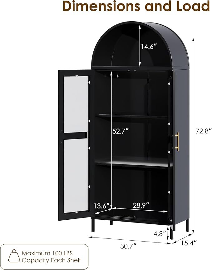 VEXPOR 73" Tall Arched Display Cabinet with Glass Doors, Metal Arched Curio Cabinet with 2 Adjustable Shelves for Living Room, Home Office, Assembly Required, Black