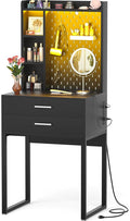 Besiost Small Vanity Desk with Hutch and Drawers, Black Makeup Vanity Desk with Charging Station, Vanity Table Dressing Table with LED Lights, Vanity Desk No Mirror with Pegboard for Girls Women, 24"