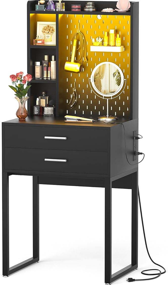 Besiost Small Vanity Desk with Hutch and Drawers, Black Makeup Vanity Desk with Charging Station, Vanity Table Dressing Table with LED Lights, Vanity Desk No Mirror with Pegboard for Girls Women, 24"