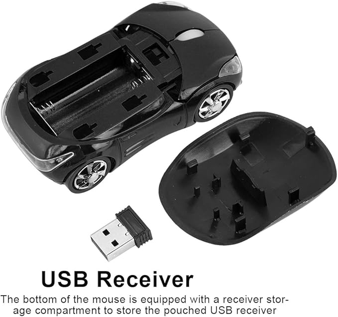 Diyeeni 1600DPI Portable Mouse, 10M 2.4G Bluetooth Optical with Receiver Storage, 3 Buttons Car Shaped for/ME/PC/Tablet Gaming Office(Black)
