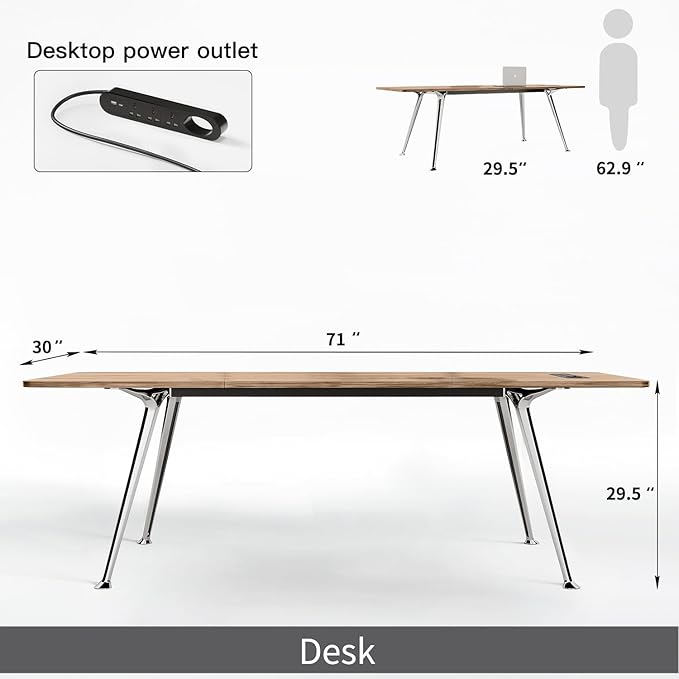 71-Inch Executive Desk, Computer Office Desk Workstation with Chrome-Plated Legs and Built-in Power Outlet, Writing Table Business Furniture, Modern Minimalist Style for Home Office, Light Brown