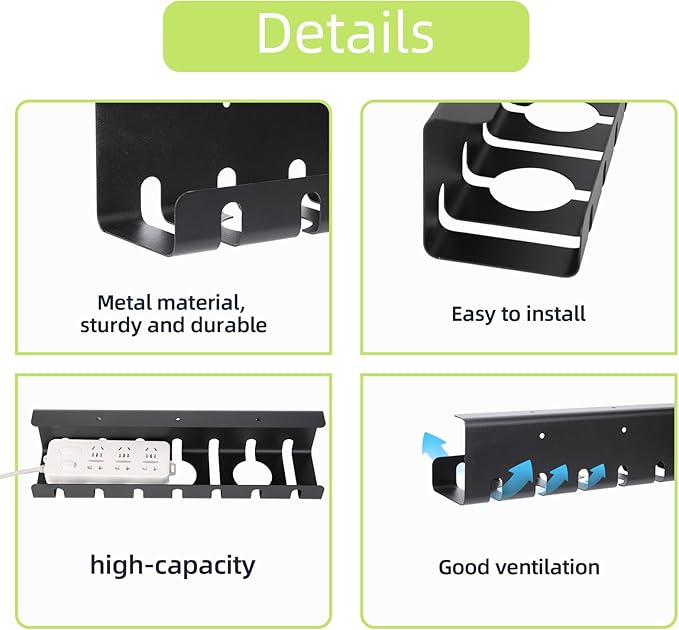 Metal Cable Management Under Desk for Office and Home, Cable Hider, Cord Organizer,Screw Installation Cord Organizer for Desk, with Various Accessories (Black 1 Pack)