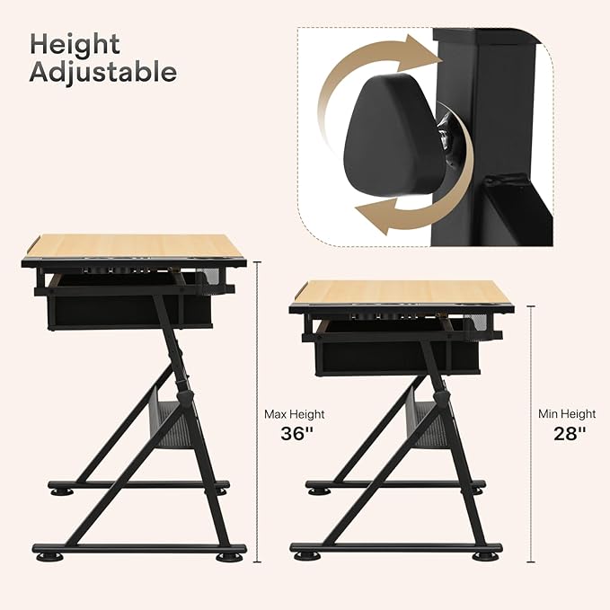 Athena Collection Drafting Table for Artists, Height Adjustable Drawing Table, Dual Desktop Art Desk Metal Frame Art Table Tiltable Craft Desk Paintings Work Station with Stool and Drawers, Natural