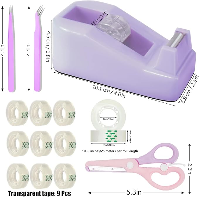 XEUZK Desktop Tape Dispenser Kits with Weighted Nonskid Base Tape Dispenser- Includes 9 Rolls of Transparent Tape(0.71 Inch x 500 inches Each) & Pink Scissors, 2 Pcs Tweezers (Purple)