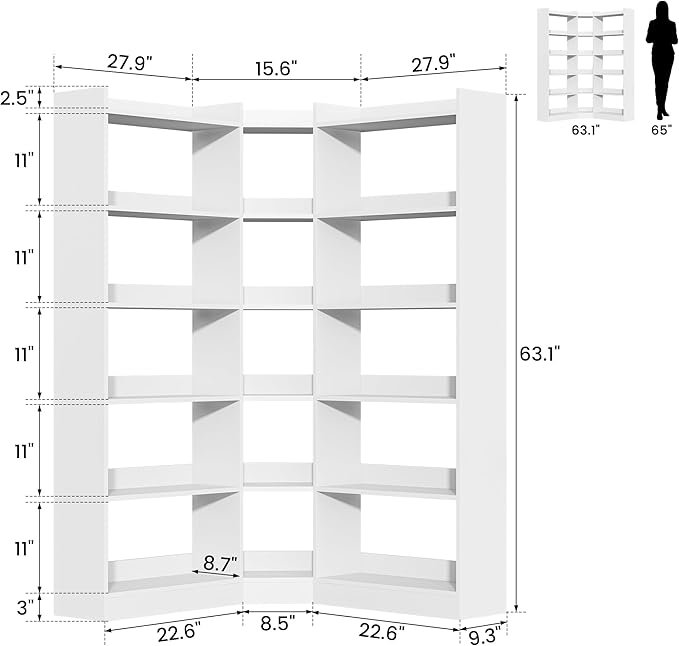 Semoic 6 Tiers Corner Bookshelf and Bookcase with Baffle, 63.1" Tall Modern L-Shaped Storage Display Book Shelf Industrial Bookshelves for Bedroom, Living Room, Kitchen, Home Office, White