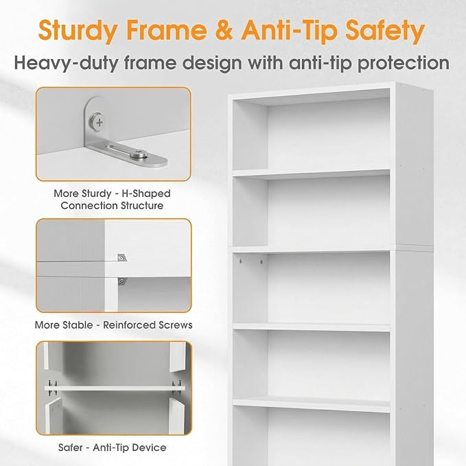 Sweetcrispy Industrial 5 Shelf Bookcase - Large 53 Inch Tall Floor Standing Open Bookshelf for Home Office, Living Room, and Bedroom Storage, Classic White