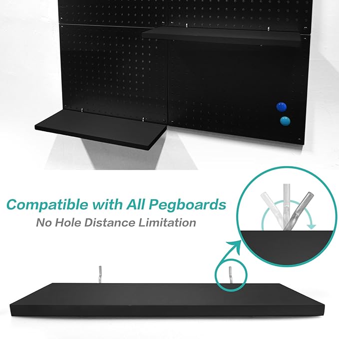 Pegboard Shelves, 16" x 6" Large Peg Board Racks 2Pack Wall Organizer Shelf, 1/4inch Heavy Duty Metal Brackets Fit All Pegboards, Wood Slats, Craft Garage Workbench Office Shelving Accessories (Black)