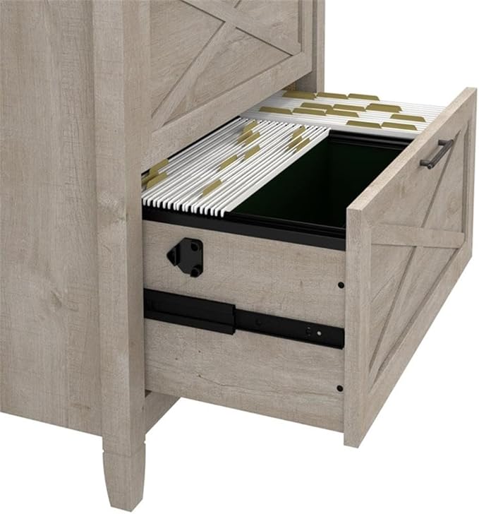 Pemberly Row 60W L Shaped Desk with 2 Drawer File Cabinet, Washed Gray Finish, Durable Office Desk Set with X Pattern Accents, Spacious Work Surface, Home Office or Living Room Furniture
