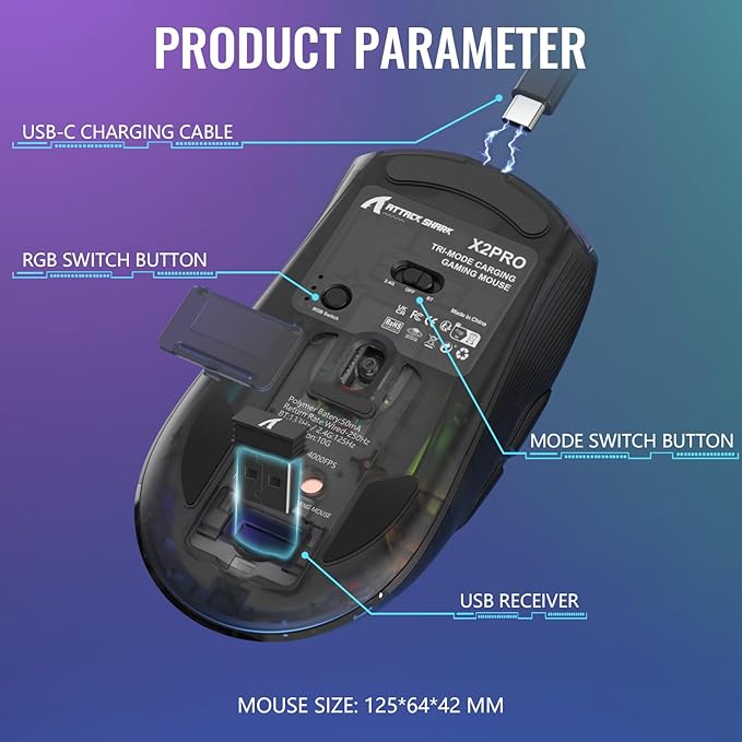 A.JAZZ Wireless Gaming Mouse with Full Transparent,Tri-Mode 2.4GHz/Bluetooth/Wired Mouse,Digital Display,Charging Base,3D RGB Backlit,Silent Mice with 7 Buttons,Wireless Mice for Laptop,PC,Mac(Black)