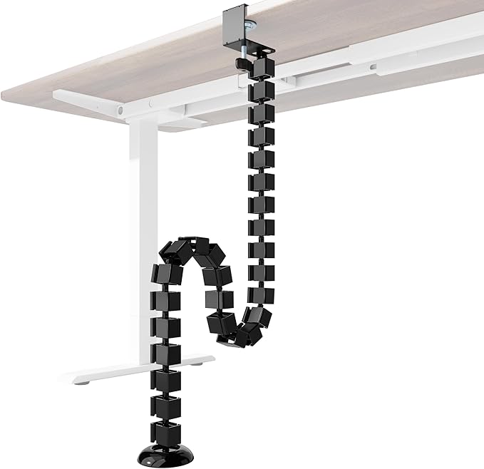 PEGZONE Under Desk Cable Management Spine – Flexible Cable Snake Organizer for Standing Desk, No Drill Clamp-on Vertebrae Wire Management for 0.4"-2" Table, Black