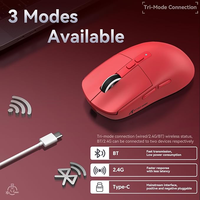 ATTACK SHARK X6 Lightweight Wireless Gaming Mouse with RGB Backlight Charging Base,Tri-Mode Wired/2.4GHz/BT5.2,26K DPI, PAW3395 Optical Sensor,HUANO Switch,5programmable Buttons,PC/Mac(Red)