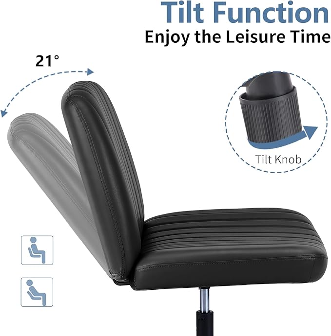 DUMOS Desk Chair No Wheels, Criss Cross Chair Wide Cross Legged Office Desk Vanity Chair, PU Leather Armless Adjustable Swivel Chairs for Home Computer Task Black