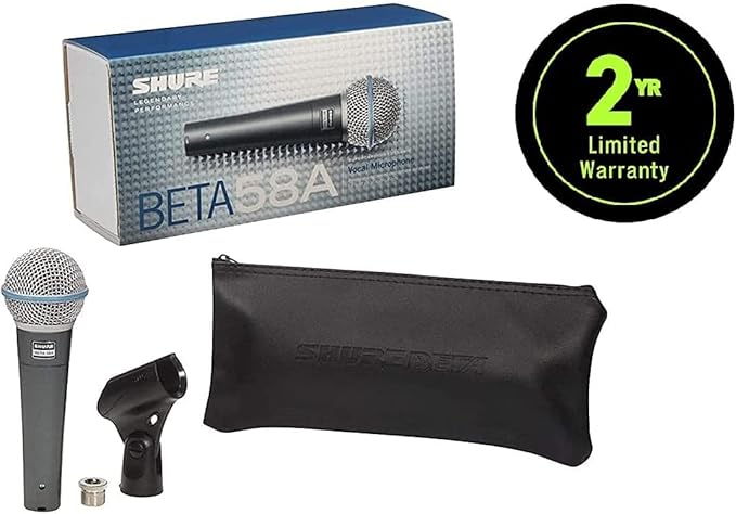 Shure BETA 58A Vocal Microphone - Single Element Supercardioid Dynamic Mic for Stage and Studio with A25D Adjustable Stand Adapter, 5/8” to 3/8” (Euro) Thread Adapter & Storage Bag, Brushed Nickel