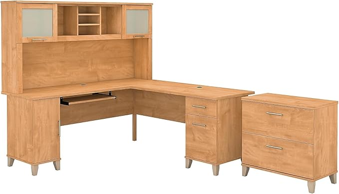 Bush Furniture Somerset 72W L Shaped Desk with Hutch and Lateral File Cabinet in Maple Cross