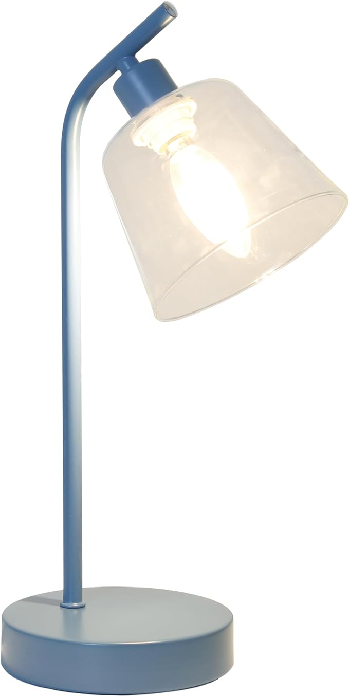 Simple Designs LD1080-BLU 16" Sleek Essentials Modern Industrial Metal Desk Lamp with Clear Glass Shade, for Office, Desk, Nightstand, Dorm, Blue