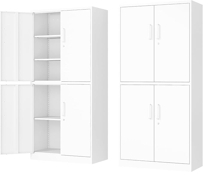 Fesbos 71” Metal Storage Lockable Heavy Duty File Cabinet Garage Tool Cabinets with Doors and Shelves-Tall White Steel Cabinet for Garage for Office, Gym, School